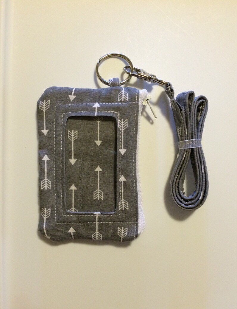Hand Made Lanyard With ID Wallet in Gray Arrow Print With