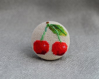 Cherry ring Cross stitch red ring Embroidered jewelry Unique cherry Handmade ring Red cherry Gift for her Cherry jewelry Berry ring