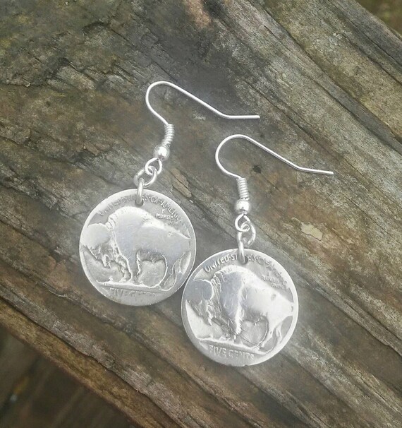 Buffalo Indian head coin earrings. Nickel by EandSJewelryDesigns