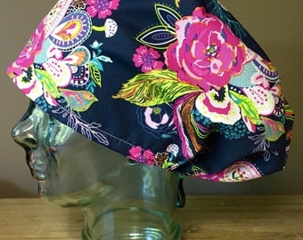 Flowers & Birds on Navy Surgical Scrub Hat, Beautiful Women's Floral European Style Scrub Cap, Modified Bouffant, Custom Caps Company