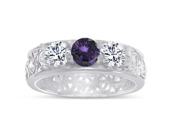 Custom Three Birthstone Intricately Detailed Eternity Band Ring in Sterling Silver