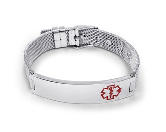 Stainless Steel Belt Buckle Medical ID Bracelet with Red Medical Logo. Free Engraving Included.