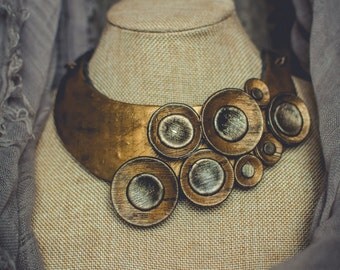 Statement necklace Bib necklace gold necklace polymer clay necklace golden necklace asymmetric necklace large necklace imitation of metal