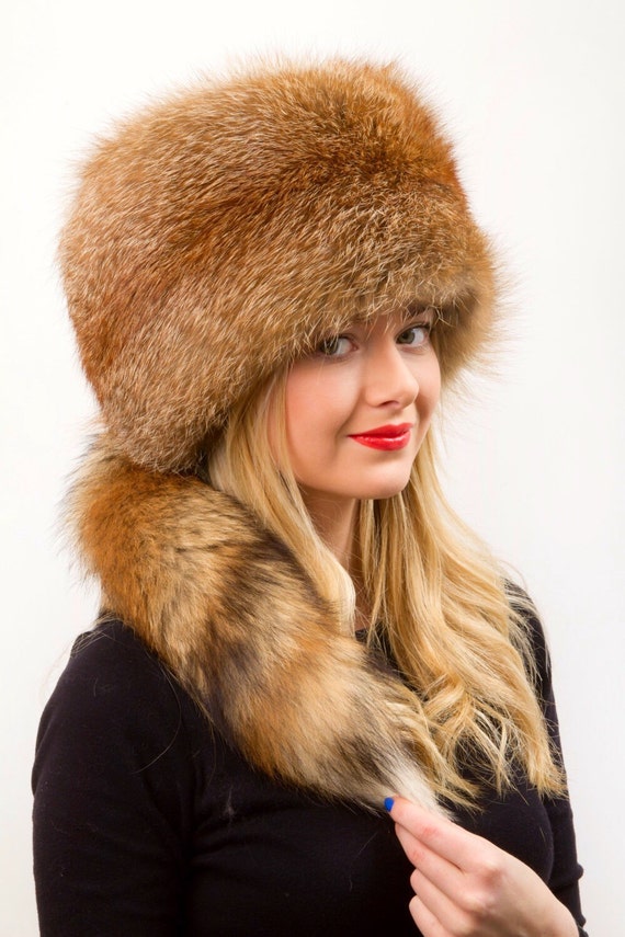 Natural Red Fox Fur All Fur Hat with Tail removable by FurHatWorld