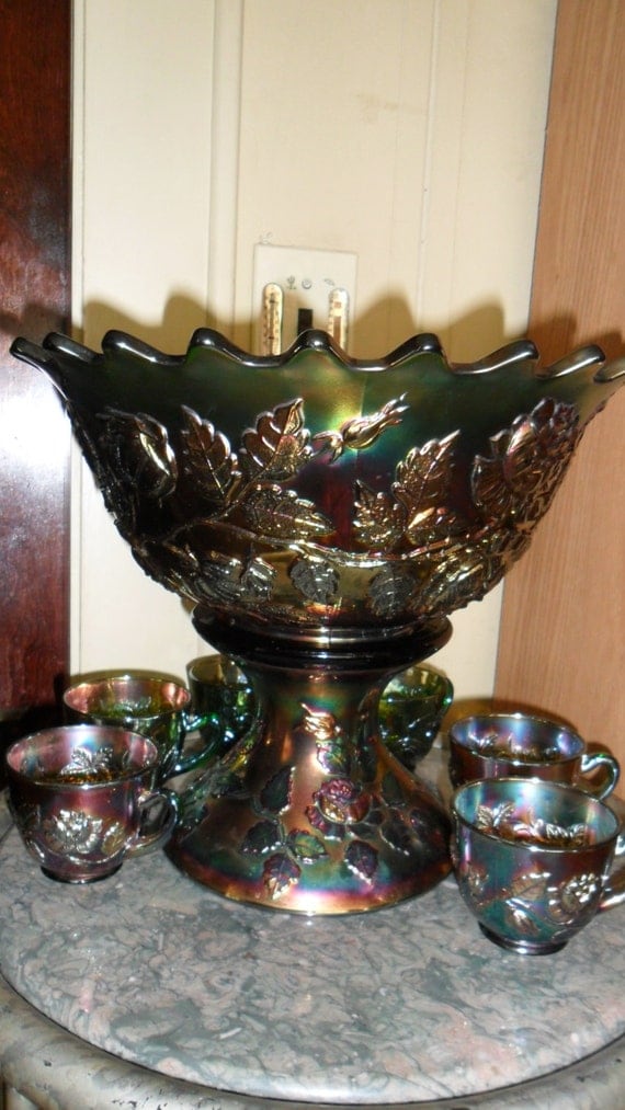 Antique Fenton Carnival Glass Punch Bowl Set Green