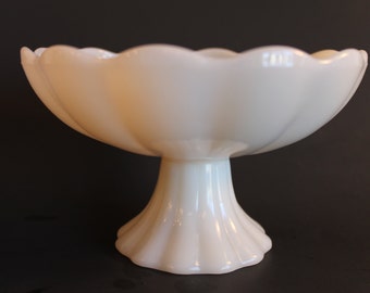 Vintage Anchor Hocking Ivory Milk Glass Candy Compote Scalloped Edge