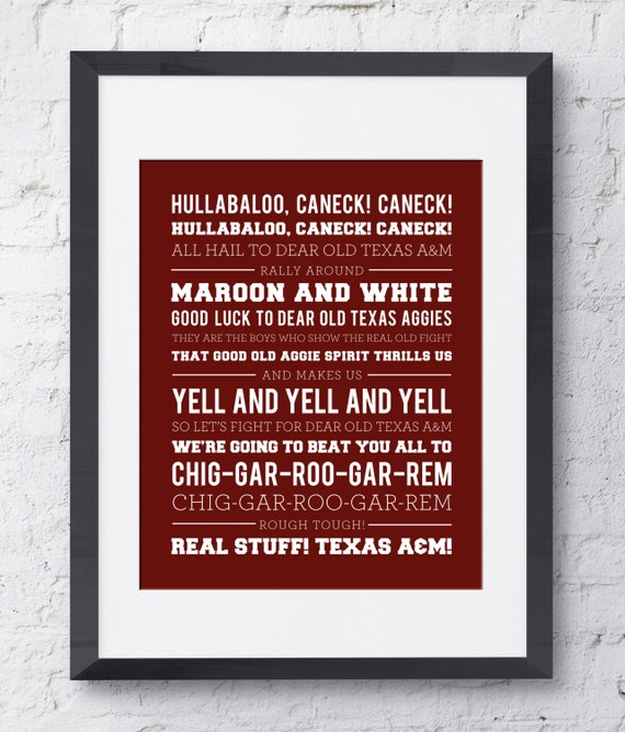 Texas A&M Fight Song Wall Art Printable Download Crimson