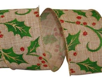 2 1/2" Holly Linen Christmas Ribbon Wire Edge - 10 Yard Roll