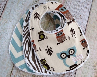 Baby Bibs - Baby Boy Bibs - Woodland Baby Bibs - Owl Bib - Blue Chevron Bib - Brown Woodgrain Bib - Chenille Bibs - Baby shower Gift