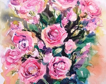 Original watercolour painting, Pink roses, still life floral painting, impressionist flowers loose expressive style, 30x40 cm