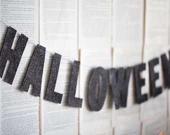 Happy Halloween Banner, Halloween Decorations, Halloween Party, Halloween Decor, Black Glitter Letters, Halloween Banner