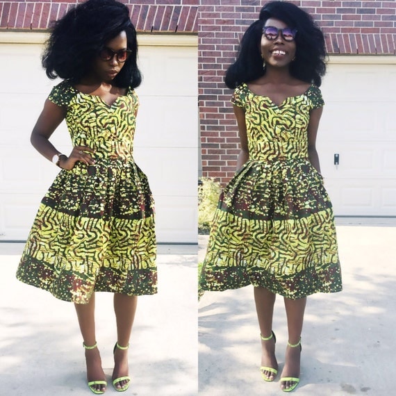 African ankara yellow and black wide neck off shoulder dress