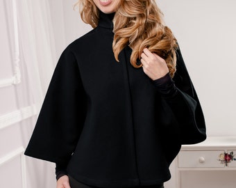 Black cape, Black Poncho, short black cape, wool Poncho, wool cape, short black poncho, Round cape, Round poncho, Gray cape, Lilac cape