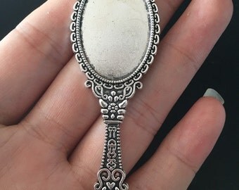 Large Mirror Type Pendant Trays Antique Silver Tone Bezel Setting Blank Cabachon