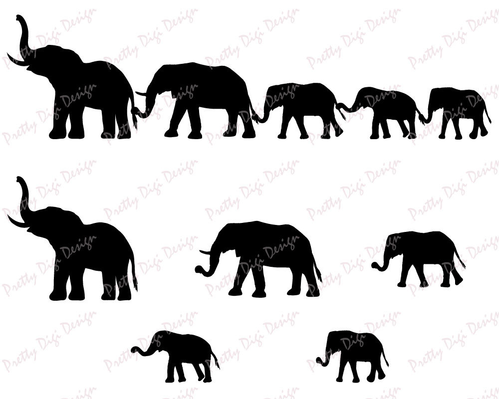 Elephant family holding tails clipart Silhouettes vector EPS