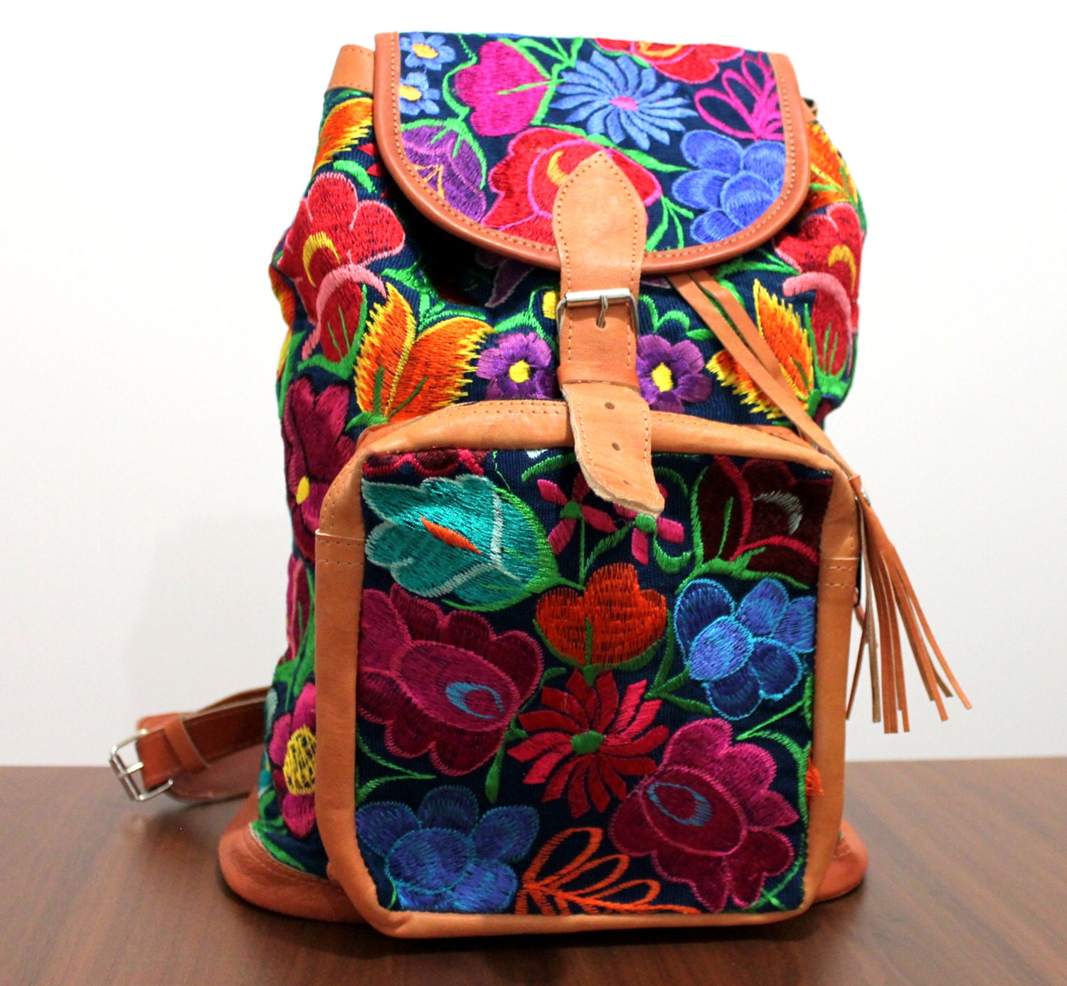mexican embroidered leather backpack made in Chiapas