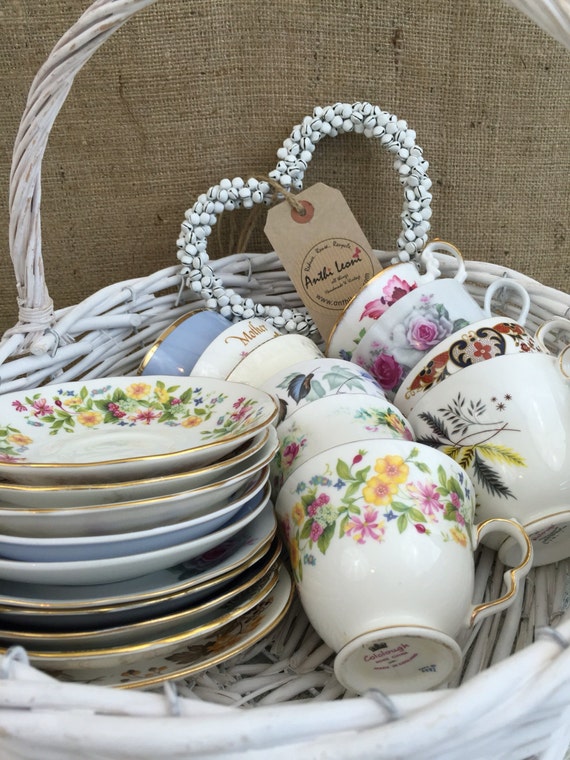 Job Lot 20 Pieces Vintage China - 10 Mismatch China Tea Cups and Saucers for Weddings & Events / Mix and Match China Tea Cups and Saucers