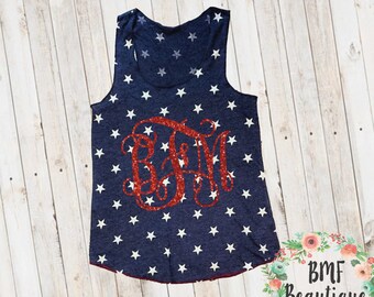 Glitter Monogram Stars Tank Top American Flag Clothing Red White & Blue Tank Patriotic Tank Independence Day Labor Day 4th of July Shirt