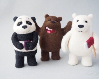 We bare bears felted wool toy needle felting grizz panpan ice bear cartoon natural eco animal handmade