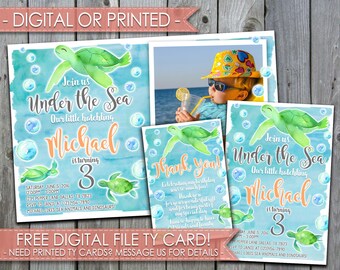Sea Turtle Birthday Invitation, Sea Turtle Birthday Party Invitation, Invite, Watercolor, Blue, Green, Little Hatchling, Under the Sea, #371