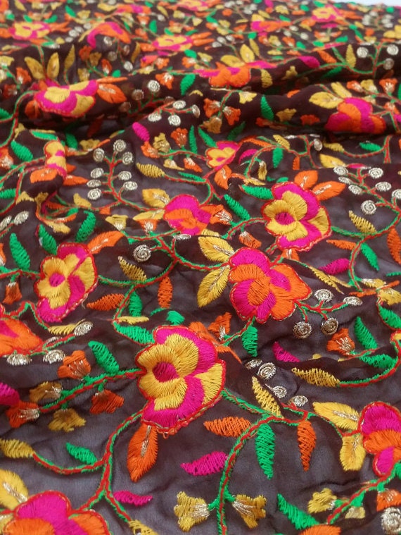 Download Brown chiffon fabric with multi color embroidered flowers