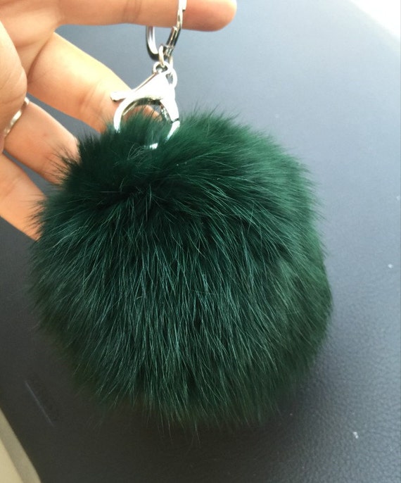 Dark Green Fur Ball Keychains Real Fluffy Pompom Key chains