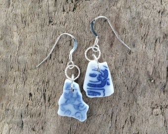 Sterling Silver Blue Sea Beach Pottery Shard Drop Dangle Earrings