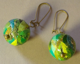 Handmade Jade Green Paper Mache Earrings with Bronze colored accents