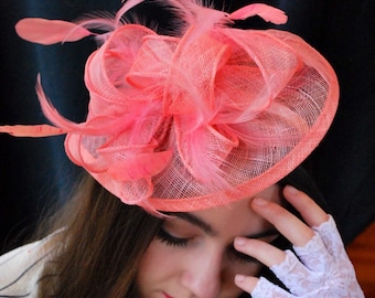 Coral Fascinator, Tea Party Hat, Church Hat, Derby Hat, Fancy Hat, Pink Hat, Wedding Hat, British Hat, Coral Hat