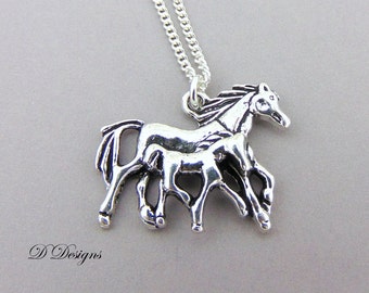 Horse and Foal Necklace, Horse Jewellery, Horse Gifts, Pony Necklace, Silver Charm Necklace, Mare and Foal Pendent, Silver Necklace,