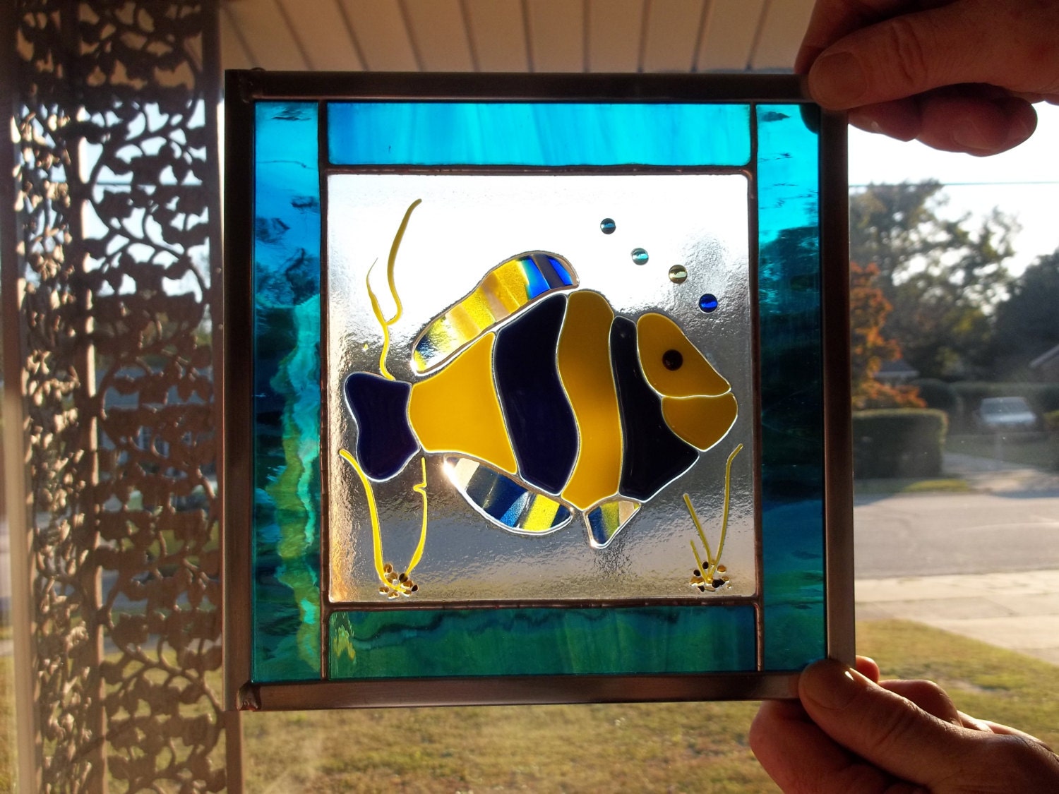 Fused and soldered stained glass fish panel. by Studio685 on Etsy