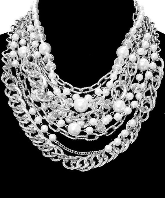 Chunky Pearl Statement Necklace Silver Multi Strand Chain