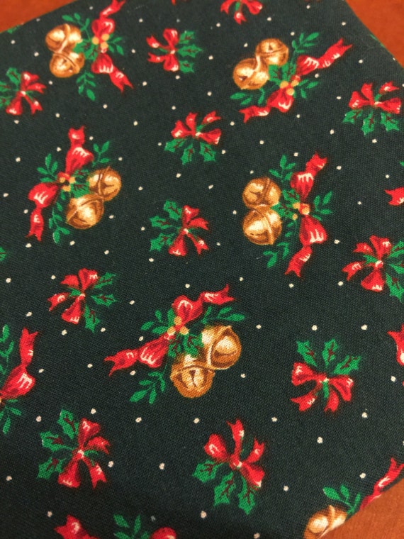 Green Christmas Fabric. FQ. Jingle Bells Fabric Gold bells