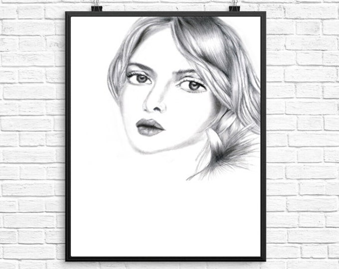 Original Hand Drawings, Print Woman Art, Pencil Drawing, Hand Drawn Girl, Graphite Printable, Digital Pencil Portrait, Beautiful Girl Poster