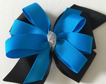 Turquoise and Black Hair Bow with Silver Knot in Center, Carolina PAnther Hair Bow, Panther bow, Panther Hair Bow, Panther Accessories