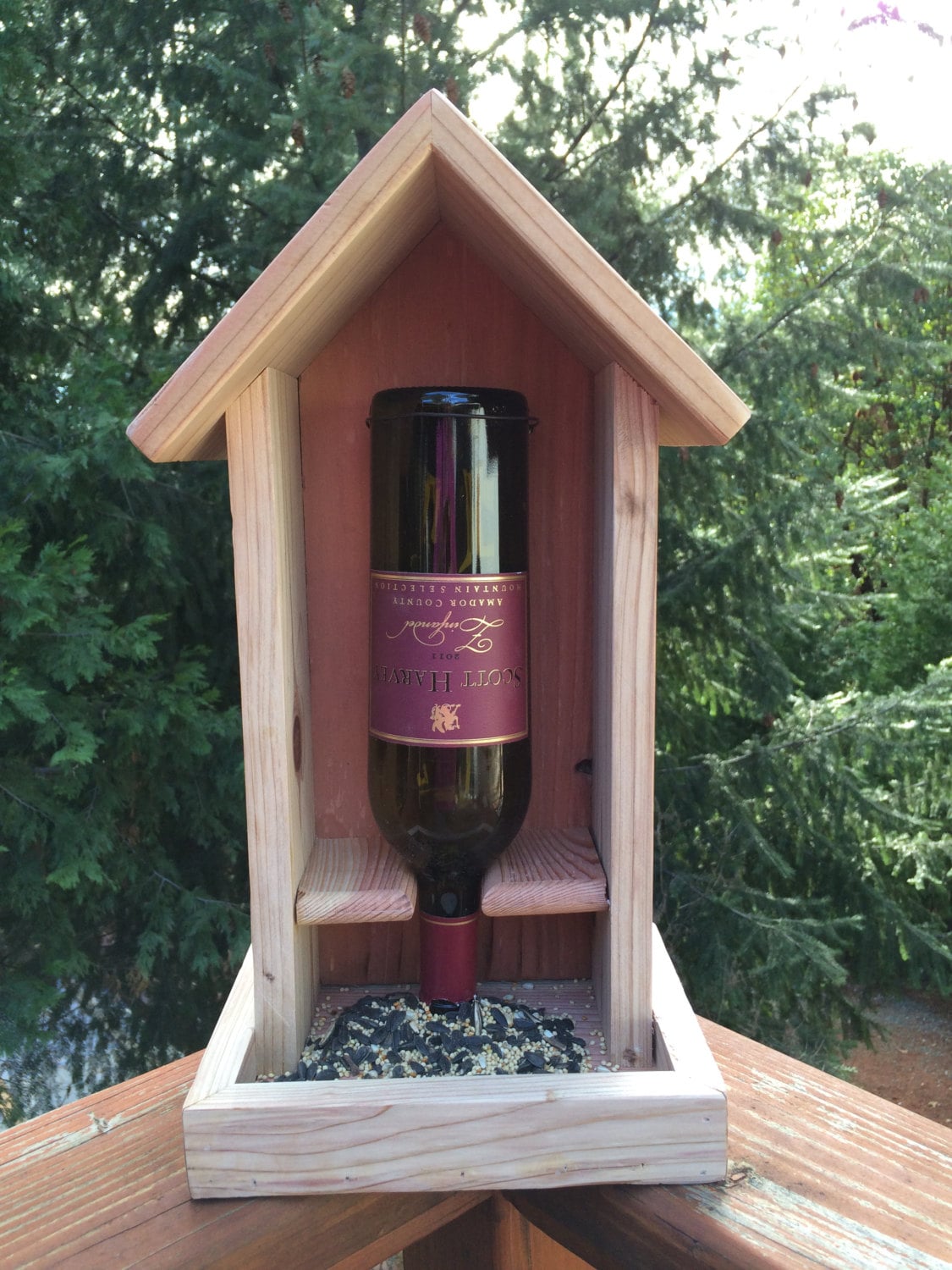 Redwood Wine Bottle Bird Feeder Custom Etched Glass