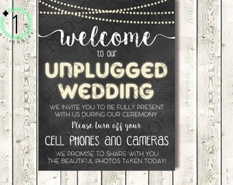 DIY Printable INSTANT DOWNLOAD - Digital Download - Unplugged Wedding Sign - Rustic Chalkboard with Lights No Cell Phones and Cameras - 8X10