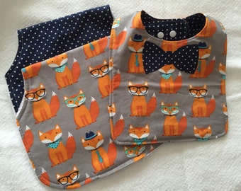 Baby Boy Gift Set of Burp Cloths & Bib, Baby Boy Gift Set, Baby Boy Bib, Baby Boy Burp Cloths, Baby Shower Gift, The Fox Goes to the Office