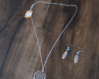 Dream catcher Necklace with Matching Feather Earrings