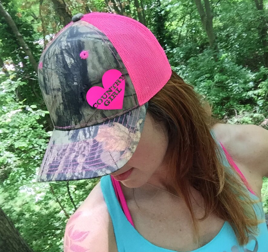 Country Girl Camo Trucker Hat Pink Mesh Back Hat with heart