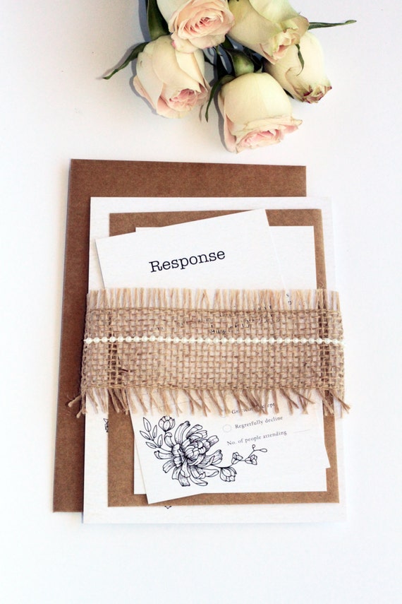 Burlap Belly Band and Pearls Rustic Wedding Invitation Sets