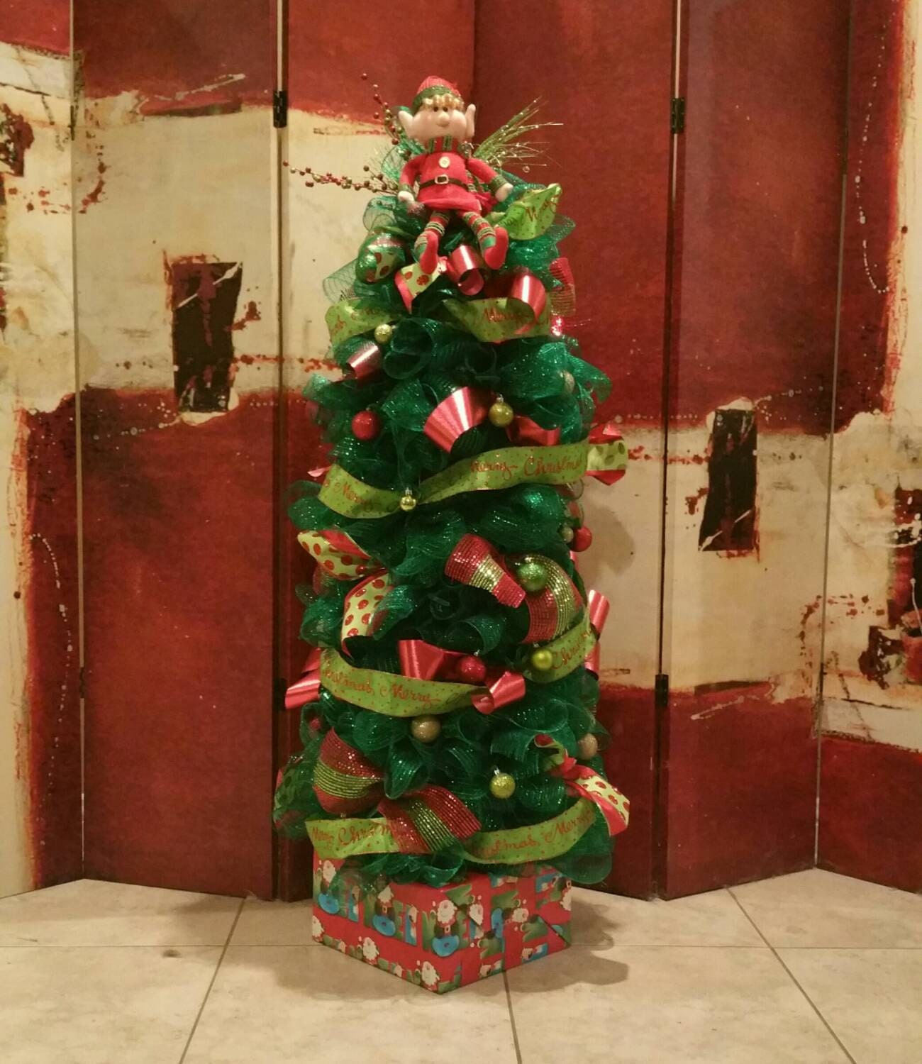 4' Deco Mesh dark green Christmas Tree by Initialphasedesigns
