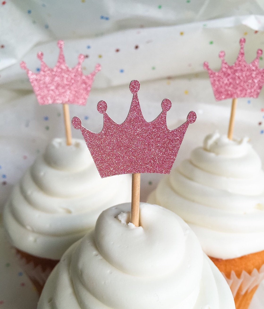Pink Glitter Crown Cupcake Toppers Birthday Baby Shower