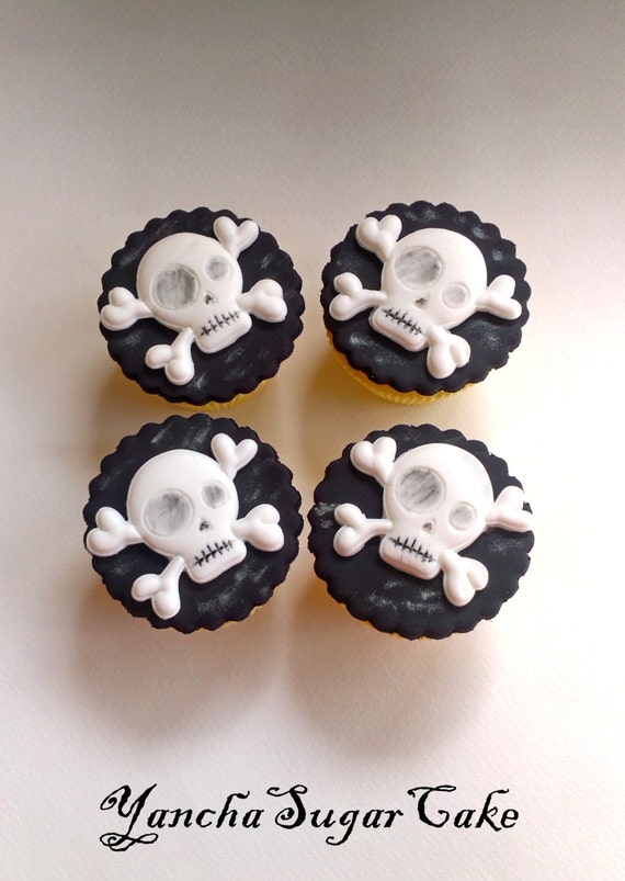 Fondant edible cupcake toppers set of 12 Halloween Skull Black