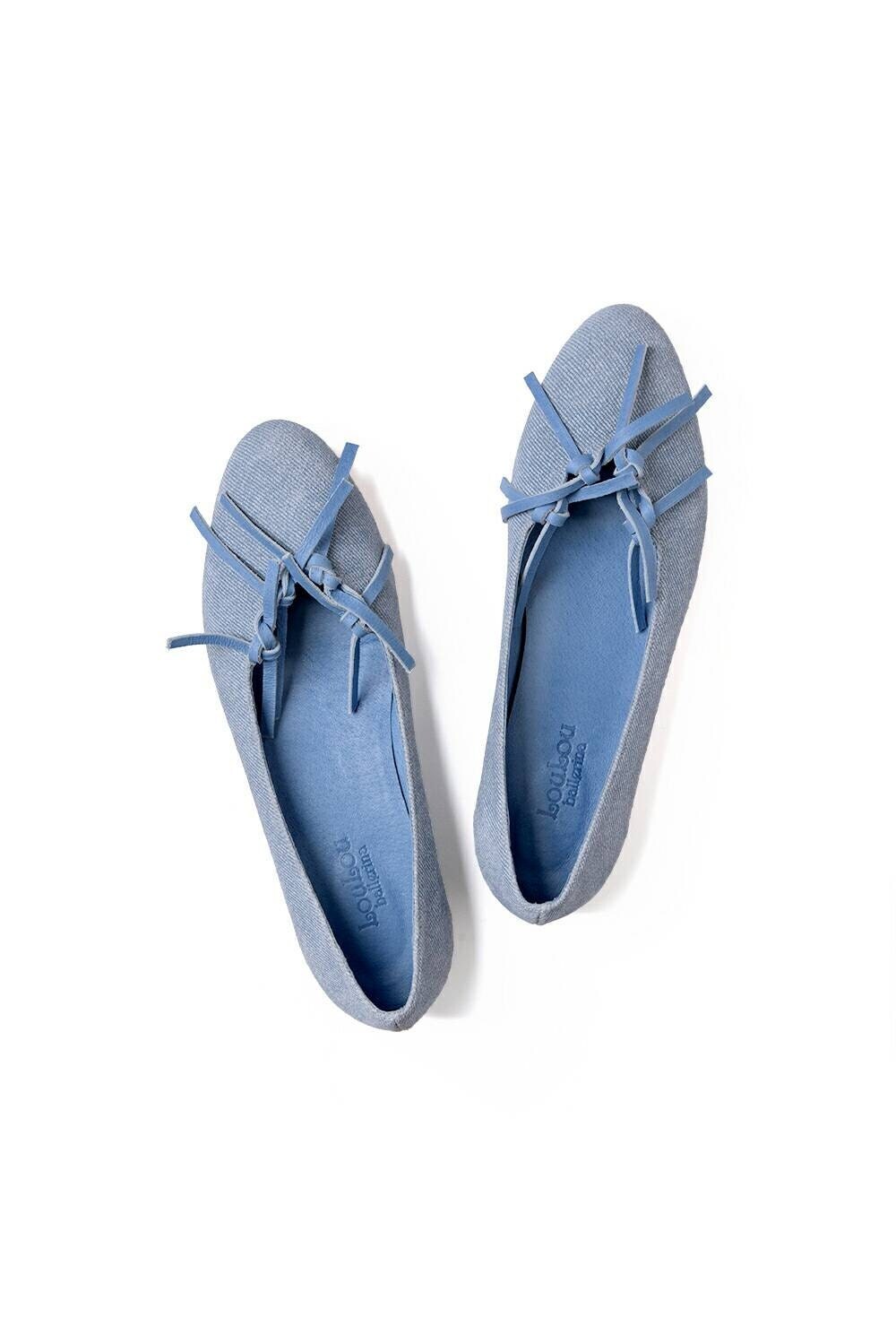 Fringe shoes Light blue flats Denim leather by LoulouBallerina