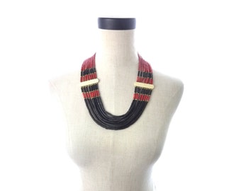 Vintage Bovine Bone with Red and Black Multi Strand Necklace Boho Ethnic