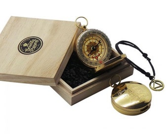 AA 24k Brass Compass and Sobriety Bracelet in Serenity Prayer in Wooden Box Free Custom Engraving sobriety Recovery Gift AA NA 12 Steps