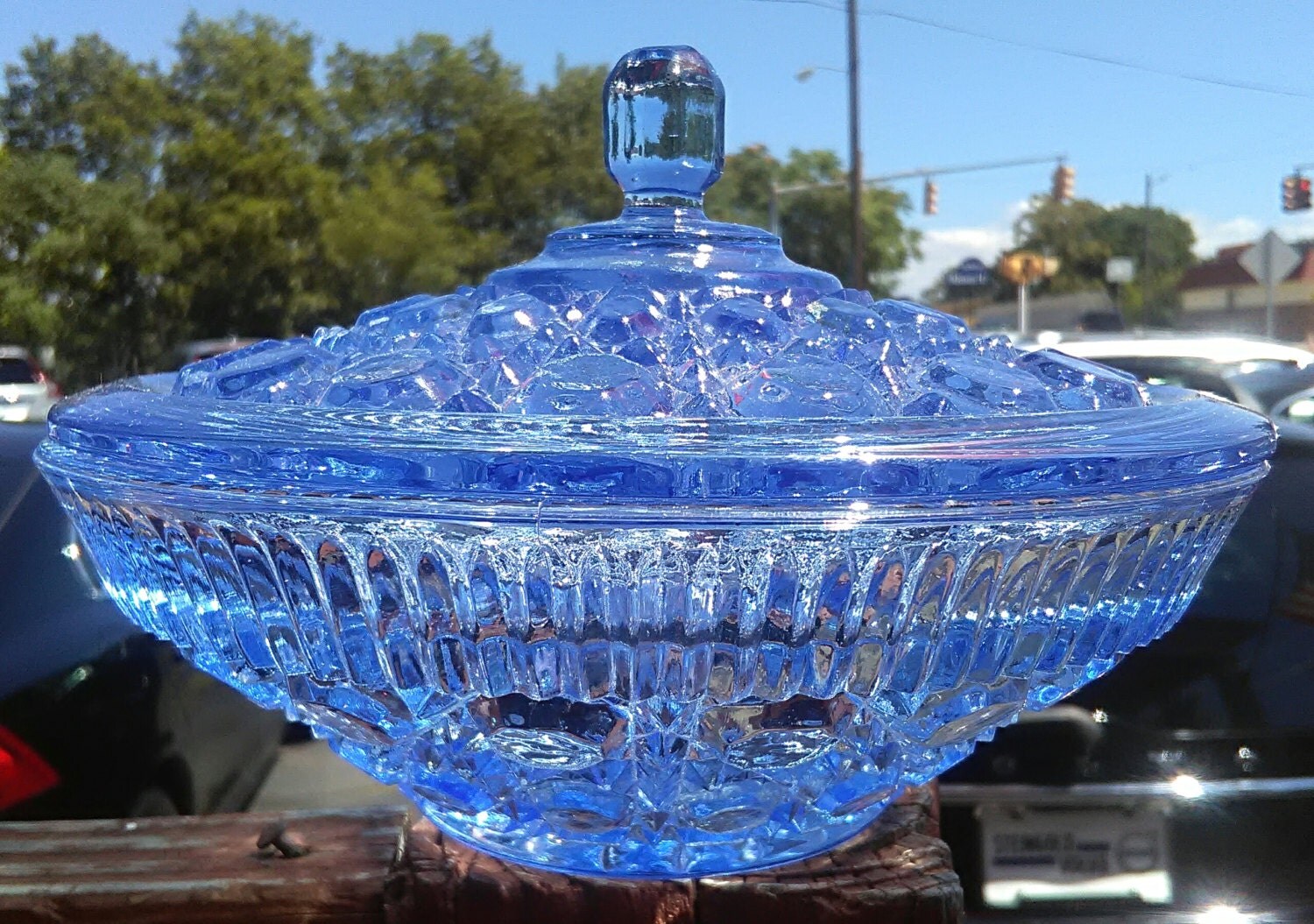 Blue Glass Covered Candy Dish Depression Glass covered
