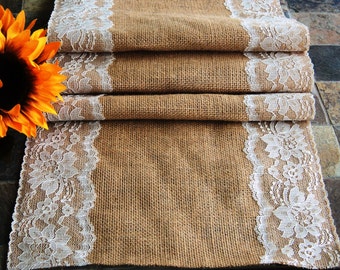 Burlap Table Runner 14" wide, Ivory or White Lace Edges, Rustic Wedding Tables, Holiday Table Runner, Farmhouse Table, Party Table