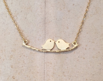 Bird Necklace, love bird necklace, love bird jewellery, gold birds on a branch necklace, gold love birds, gifts for her, delicate jewellery